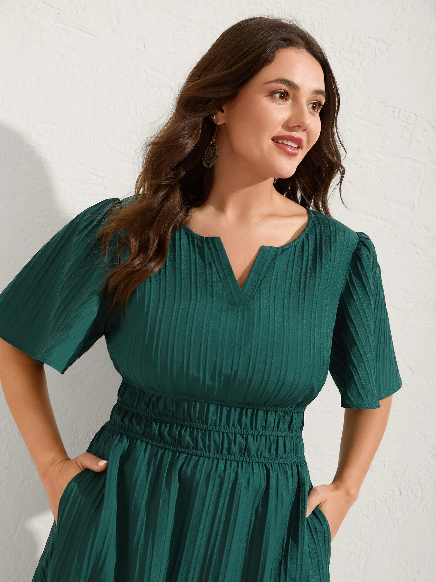 Textured Shirred Cinched Waist Midi Dress sold by Bloomchic product image thumbnail 2