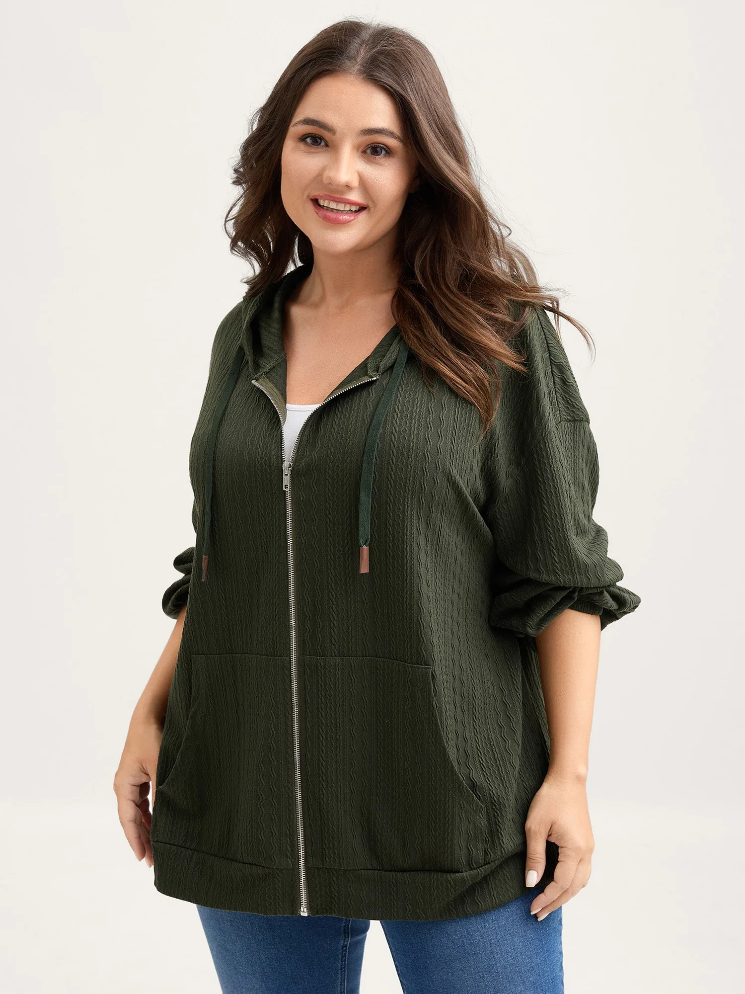 Textured Solid Pocket Zipper Hoodie sold by Bloomchic product image thumbnail 4