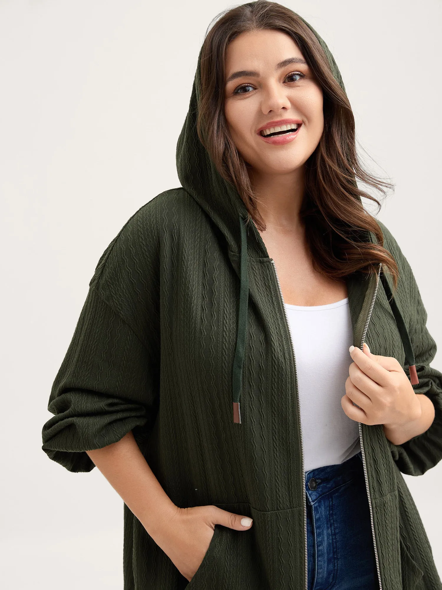 Textured Solid Pocket Zipper Hoodie sold by Bloomchic product image thumbnail 2