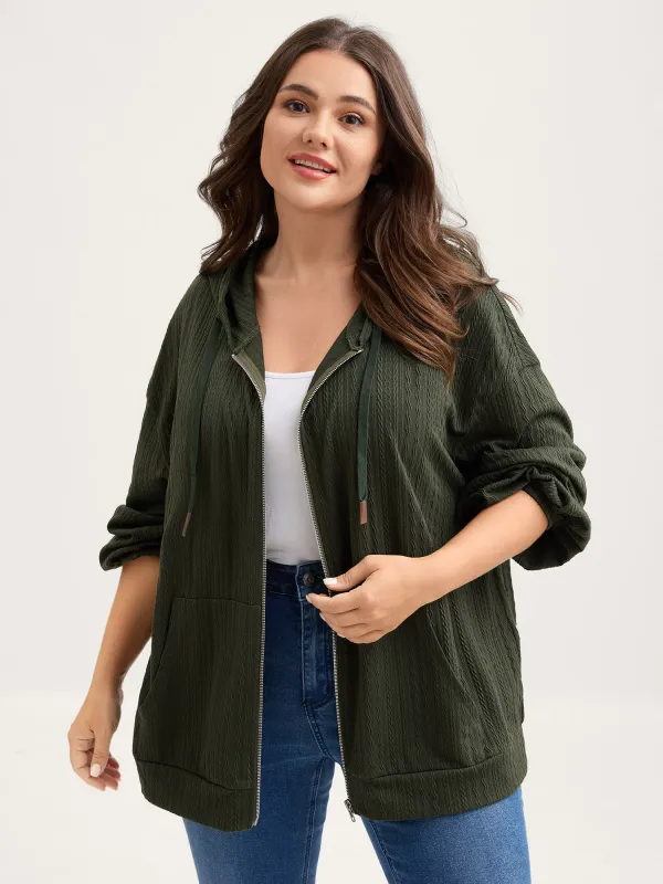 Textured Solid Pocket Zipper Hoodie sold by Bloomchic