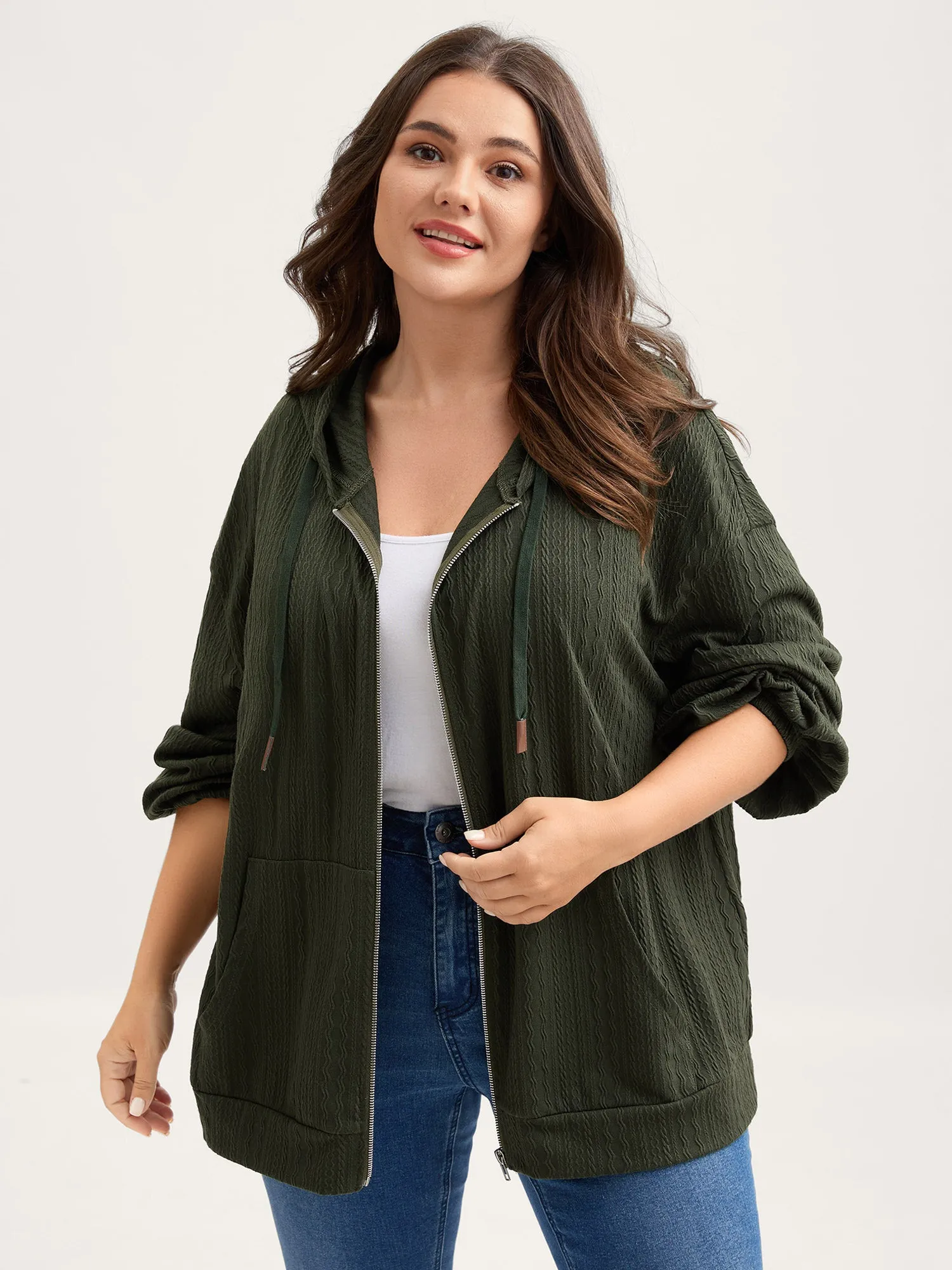 Textured Solid Pocket Zipper Hoodie sold by Bloomchic