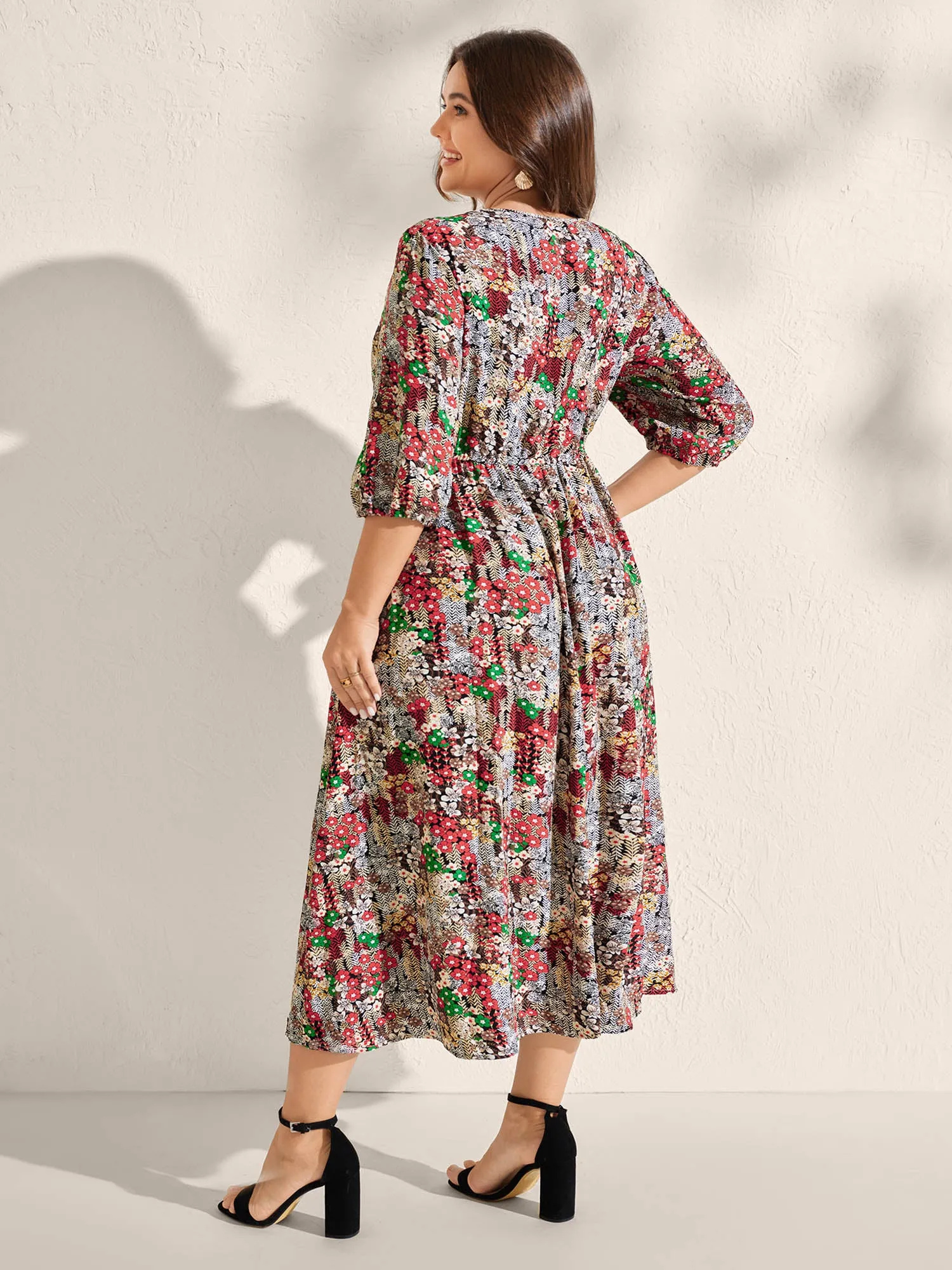 Floral Print Drawstring Waist Pockets Midi Dress sold by Bloomchic product image thumbnail 4