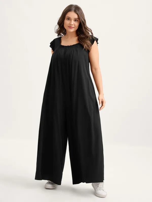Rayon Shirred Flutter Sleeve Pockets Jumpsuit sold by Bloomchic