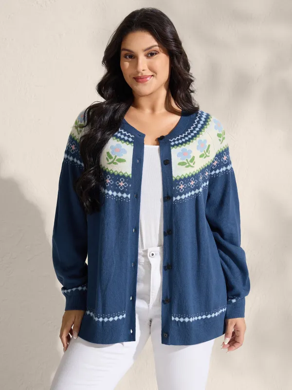 Fair Isle Jacquard Color Contrast Knit Cardigan sold by Bloomchic
