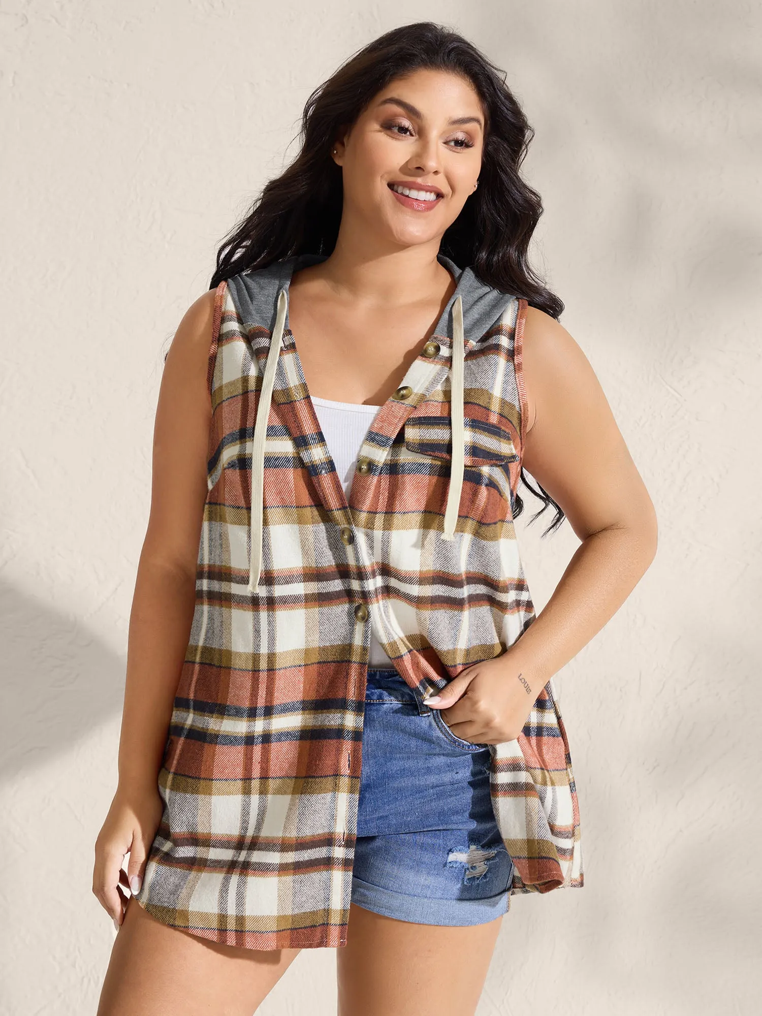 Plaid Print Color Contrast Hooded Vest sold by Bloomchic