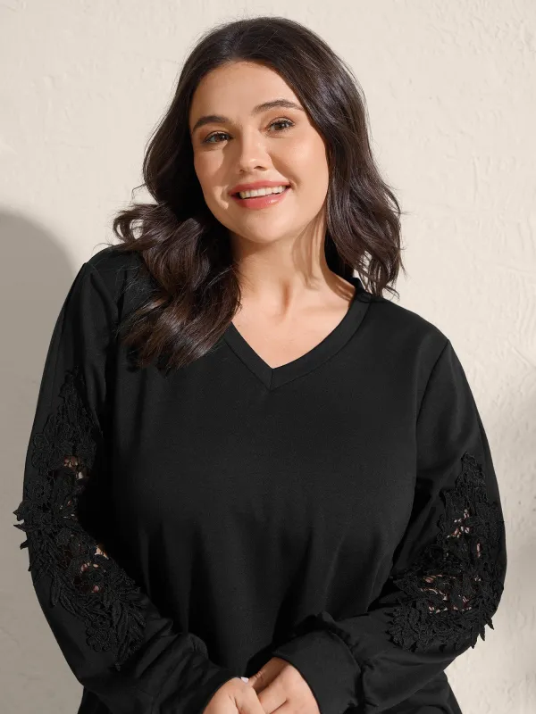 Stretchy Cut-Out Lace V-Neck Sweatshirt sold by Bloomchic