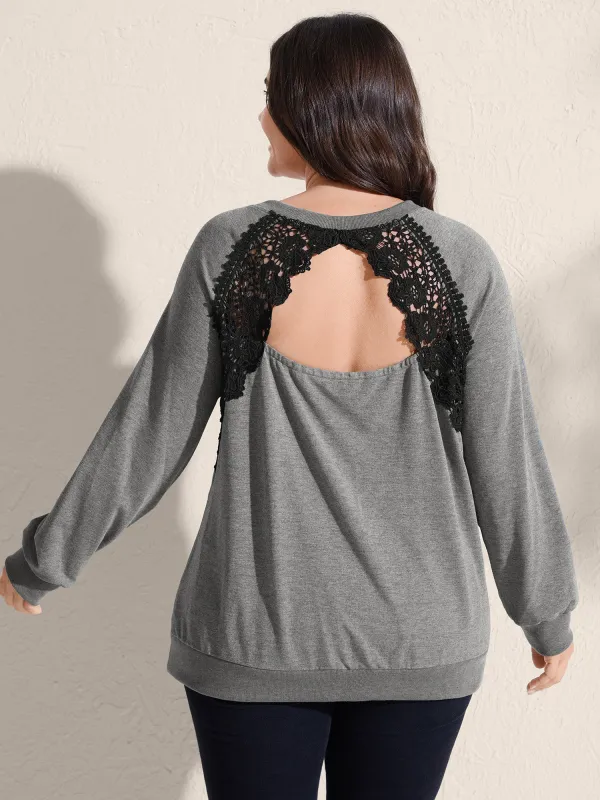 Backless Lace Trim Raglan Sleeve Sweatshirt sold by Bloomchic