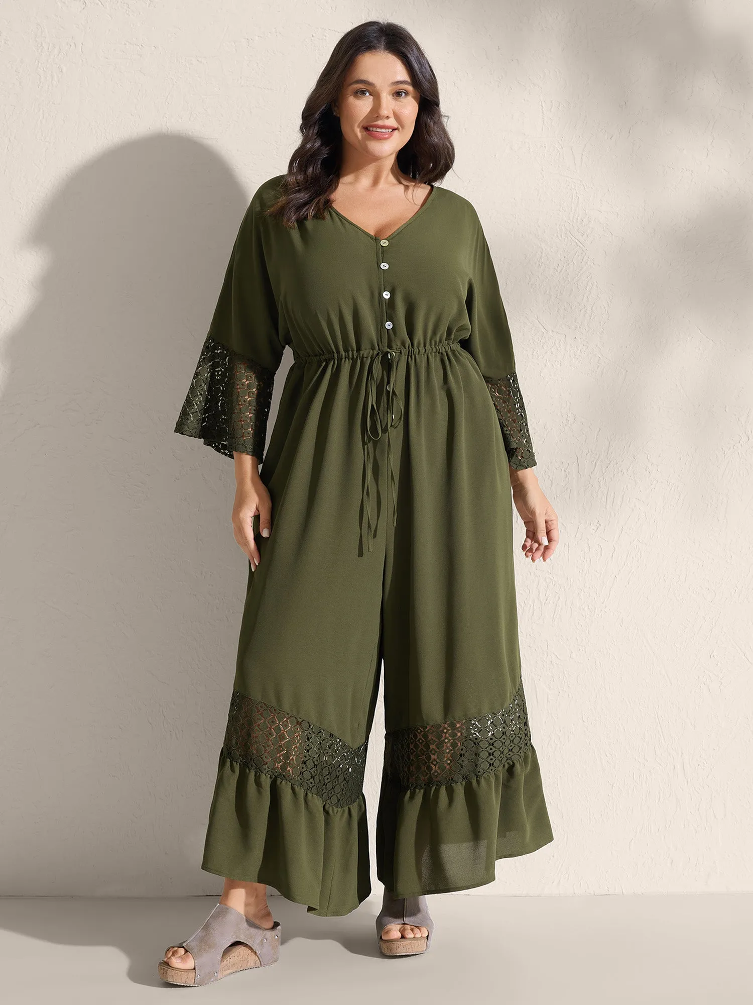 Lace Trim Curvy Tiered Hem Jumpsuit sold by Bloomchic