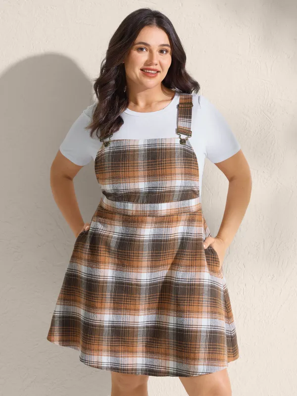 Plaid Print Overall Straps Shirred Mini Dress sold by Bloomchic