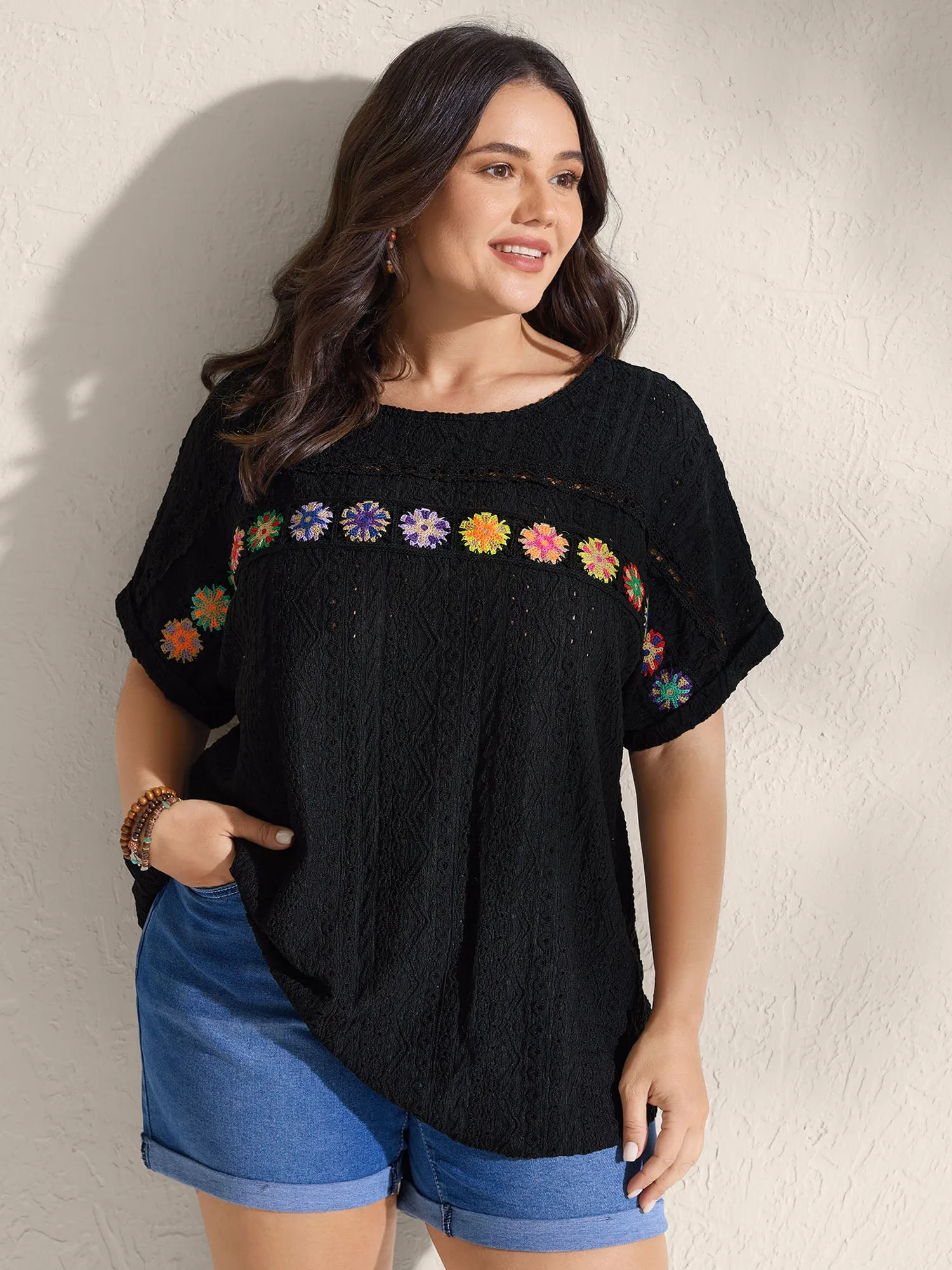 Floral Lace Trim Textured T-Shirt sold by Bloomchic