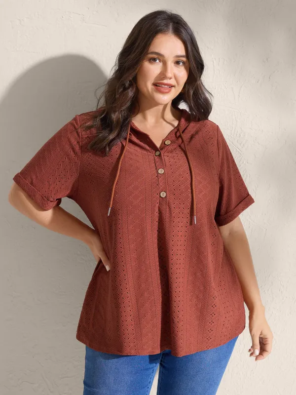 Textured Hooded Half Button Placket T-Shirt sold by Bloomchic