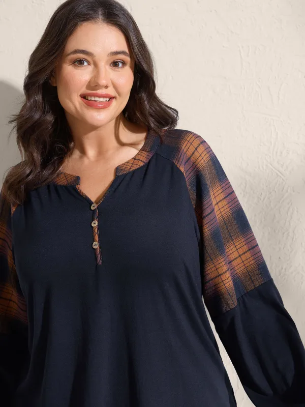 Stretchy Plaid Sleeve Split Neck T-Shirt sold by Bloomchic