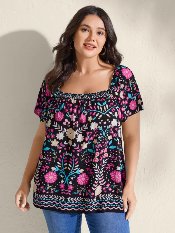 Colorful Floral Print Shirred Neck Blouse sold by Bloomchic
