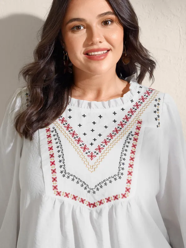 Boho Embroidered Neckline Ruffled Neck Blouse sold by Bloomchic