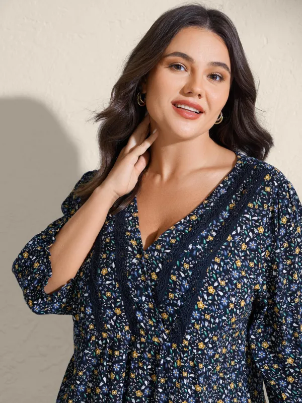 Lace Trim Floral Print V-Neck Blouse sold by Bloomchic