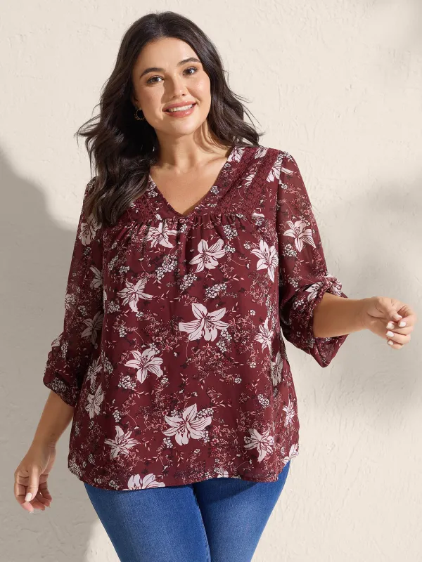 Fall Floral Print Lace Trim Blouse sold by Bloomchic