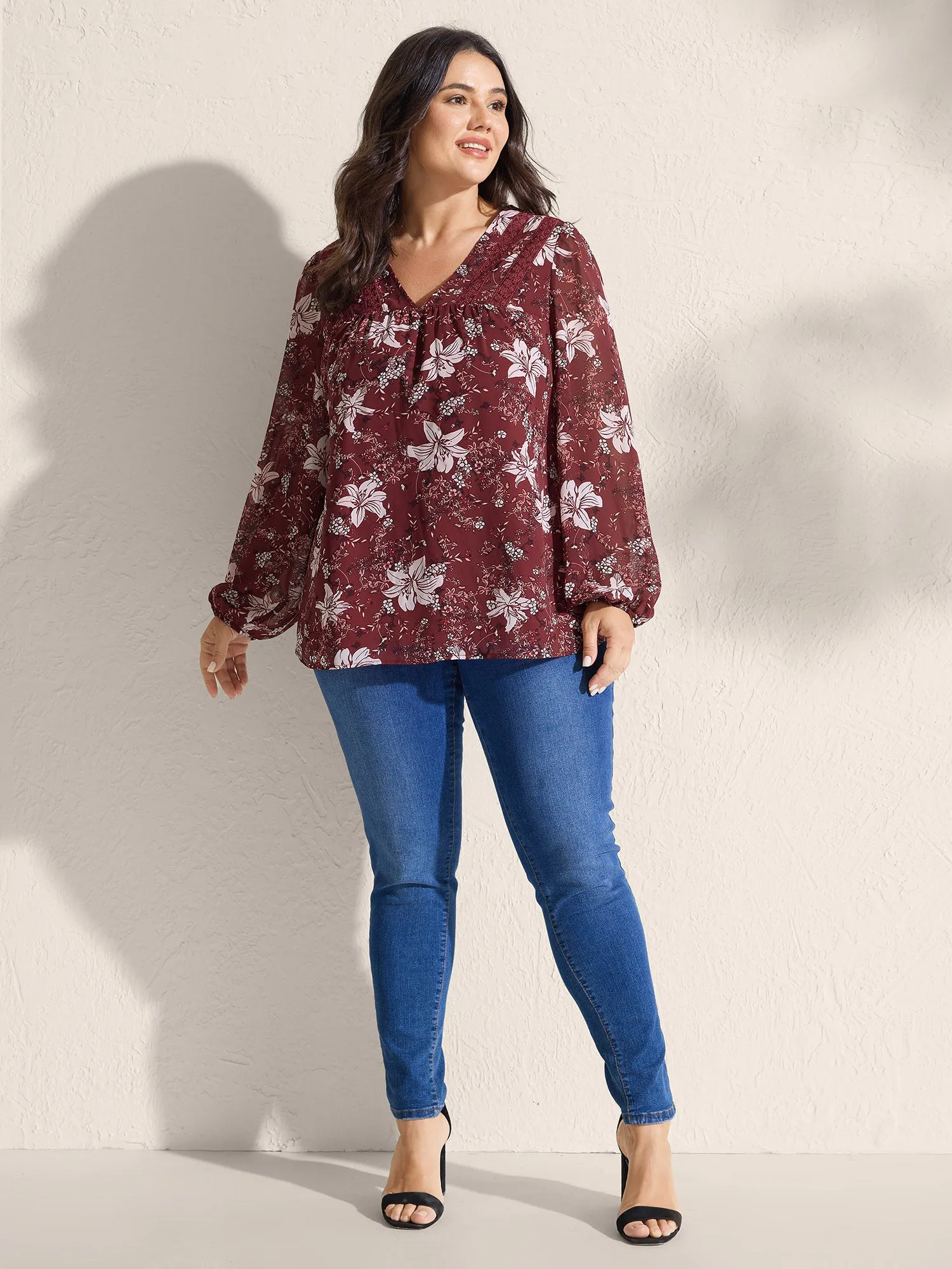 Fall Floral Print Lace Trim Blouse sold by Bloomchic product image thumbnail 3