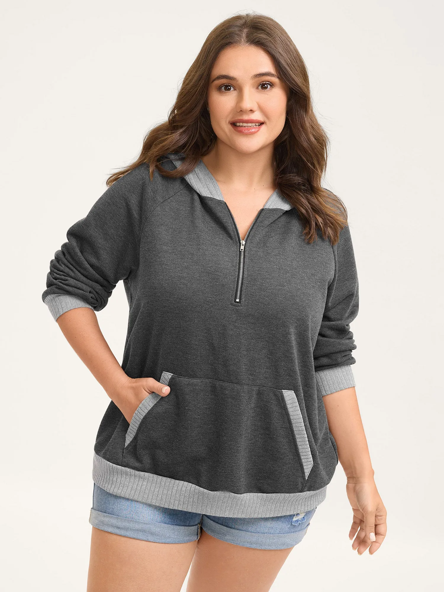 Color Contrast Pockets Half-Zipper Hoodie sold by Bloomchic