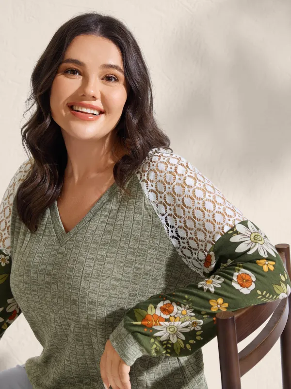 Mixed Floral Print Ribbed V-Neck Sweatshirt sold by Bloomchic