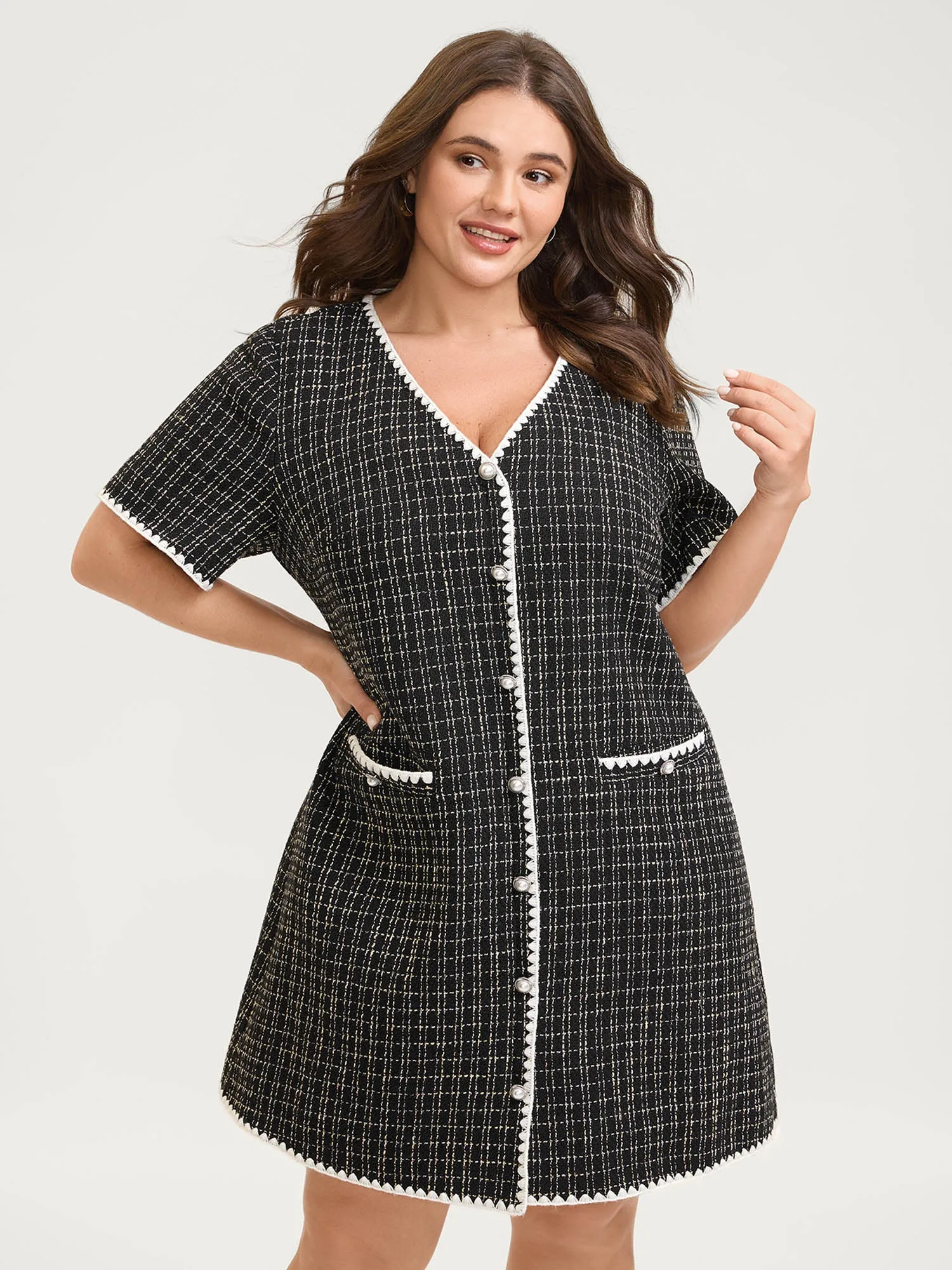 Tweed Print Contrast Hem Knee-Length Dress sold by Bloomchic
