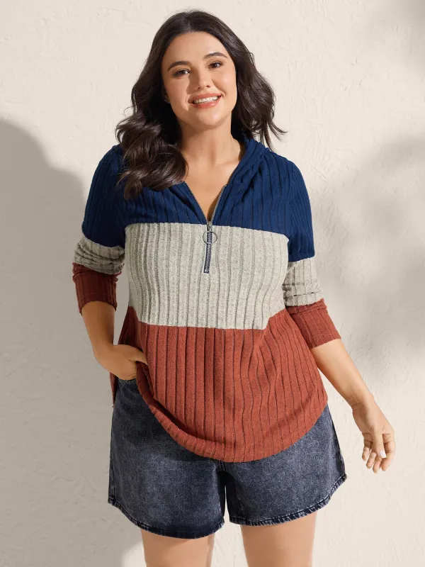 Color Block Half Zipper Ribbed Hoodie sold by Bloomchic