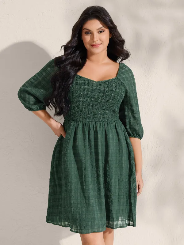 Retro Check Pattern Shirred Waist Midi Dress sold by Bloomchic