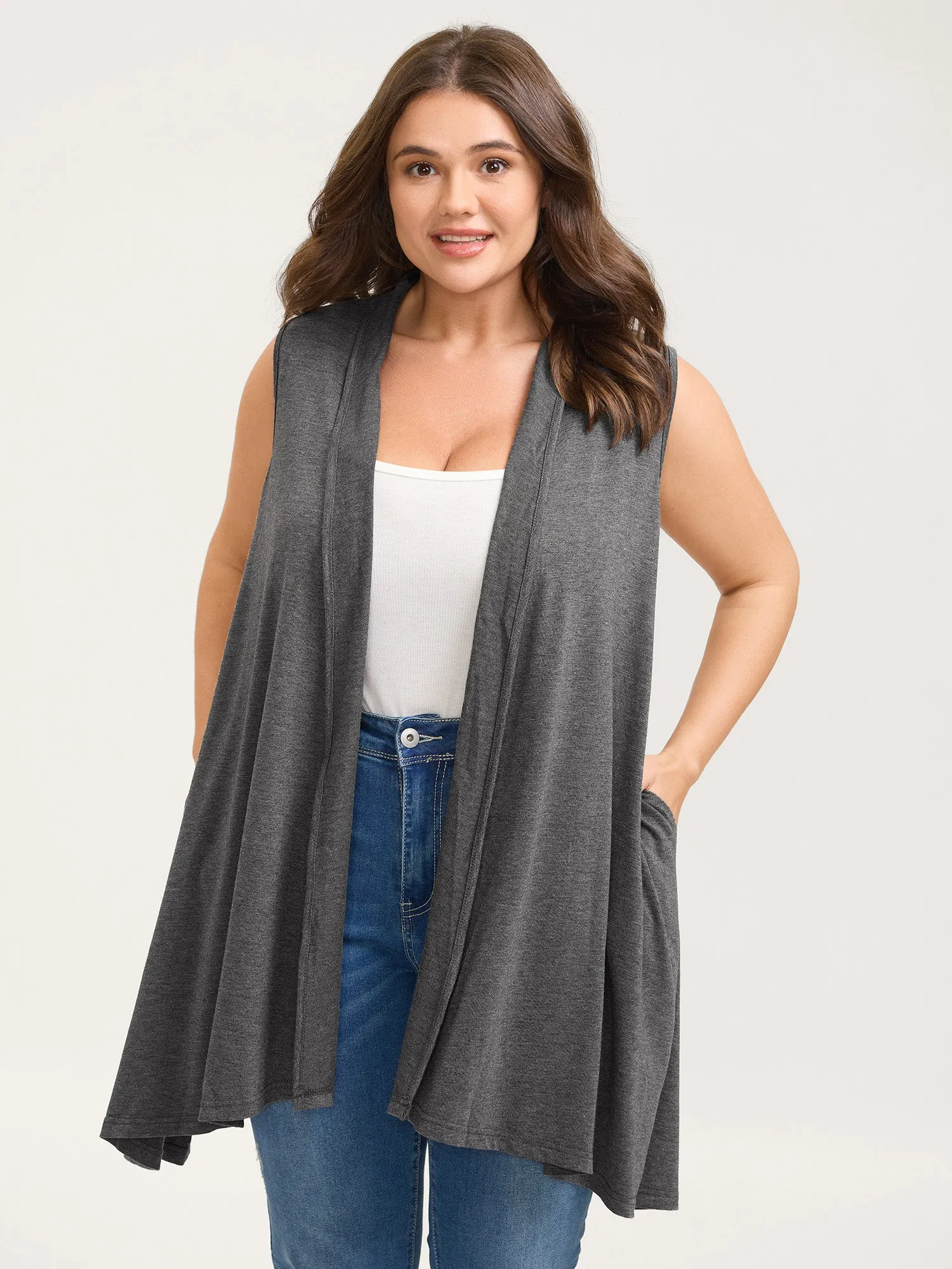 Supersoft Rolled Hem Open-Front Knit Vest sold by Bloomchic