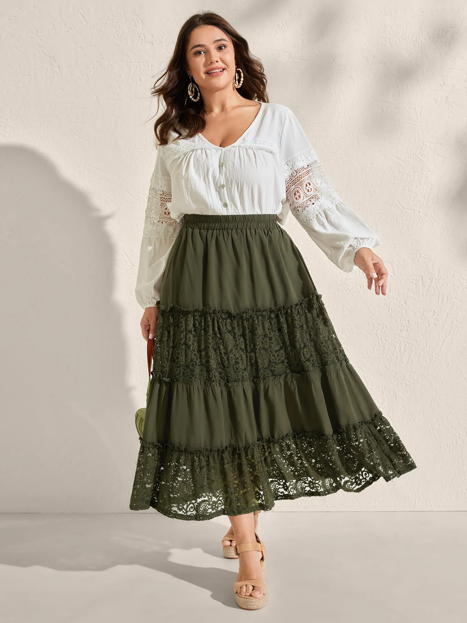 Lace Trim Flowy Tiered Maxi Skirt sold by Bloomchic product image thumbnail 2