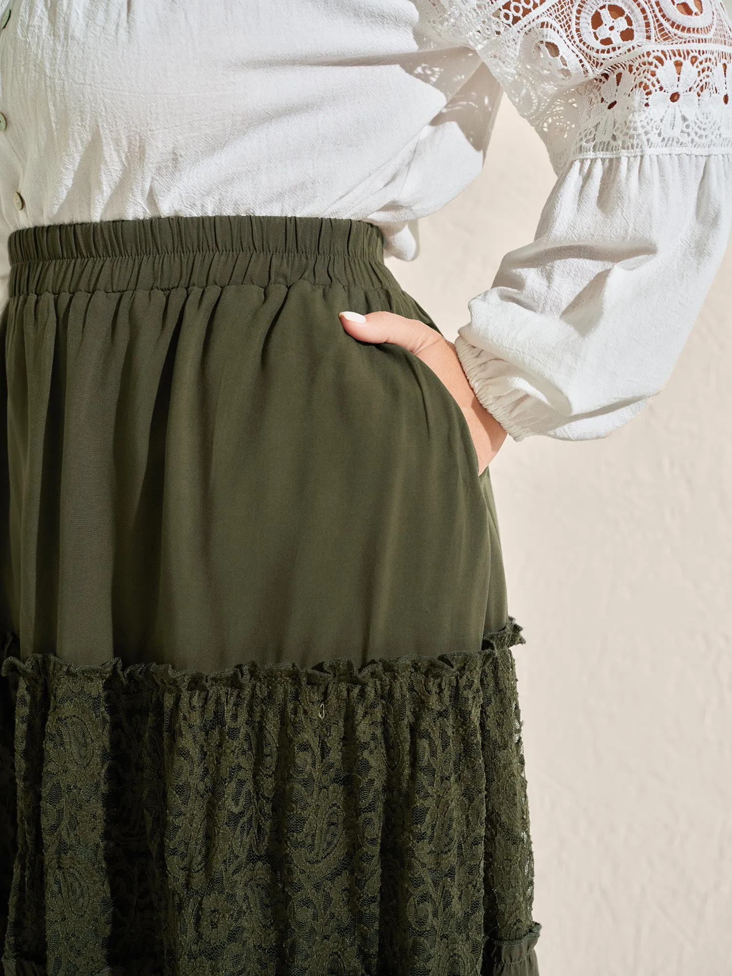 Lace Trim Flowy Tiered Maxi Skirt sold by Bloomchic product image thumbnail 3