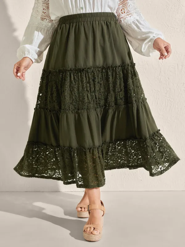 Lace Trim Flowy Tiered Maxi Skirt sold by Bloomchic