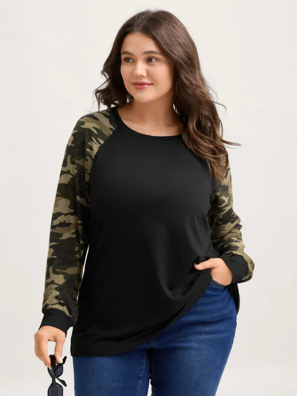 Camouflage Raglan Sleeve Round Neck T-Shirt sold by Bloomchic
