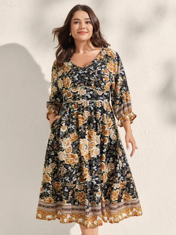 Floral Print Waist-Cinched Contrast Midi Dress sold by Bloomchic