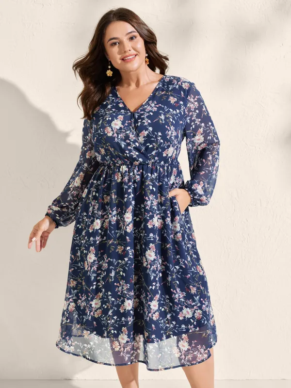 Floral Print Sheer Surplice Neck Midi Dress sold by Bloomchic