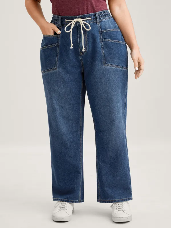 Layered Pockets Elastic Waistband Straight-Leg Jeans sold by Bloomchic