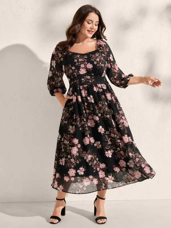 Chiffon Floral Print Lace Trim Midi Dress sold by Bloomchic