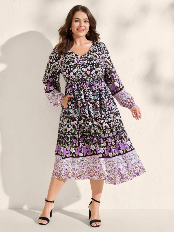 Floral Color Contrast Elastic Cuff Midi Dress sold by Bloomchic