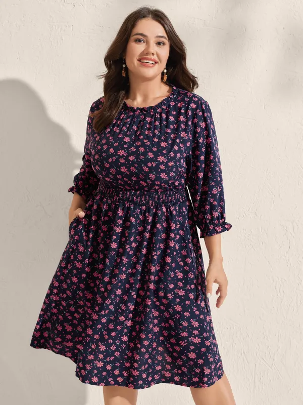 Floral Shirred Waist-Defining Pockets Midi Dress sold by Bloomchic