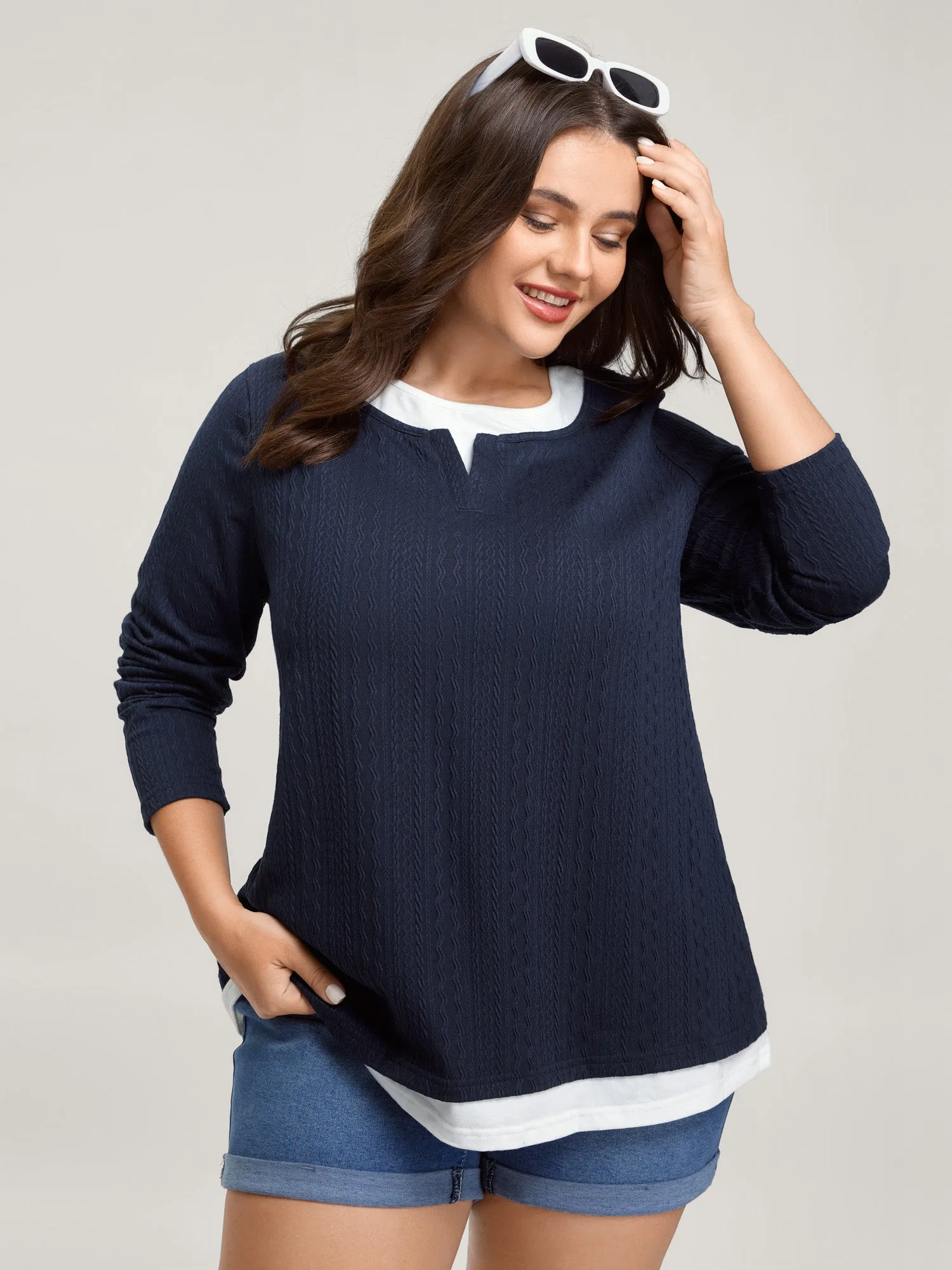 Textured Spliced Round Neck Solid T-Shirt sold by Bloomchic