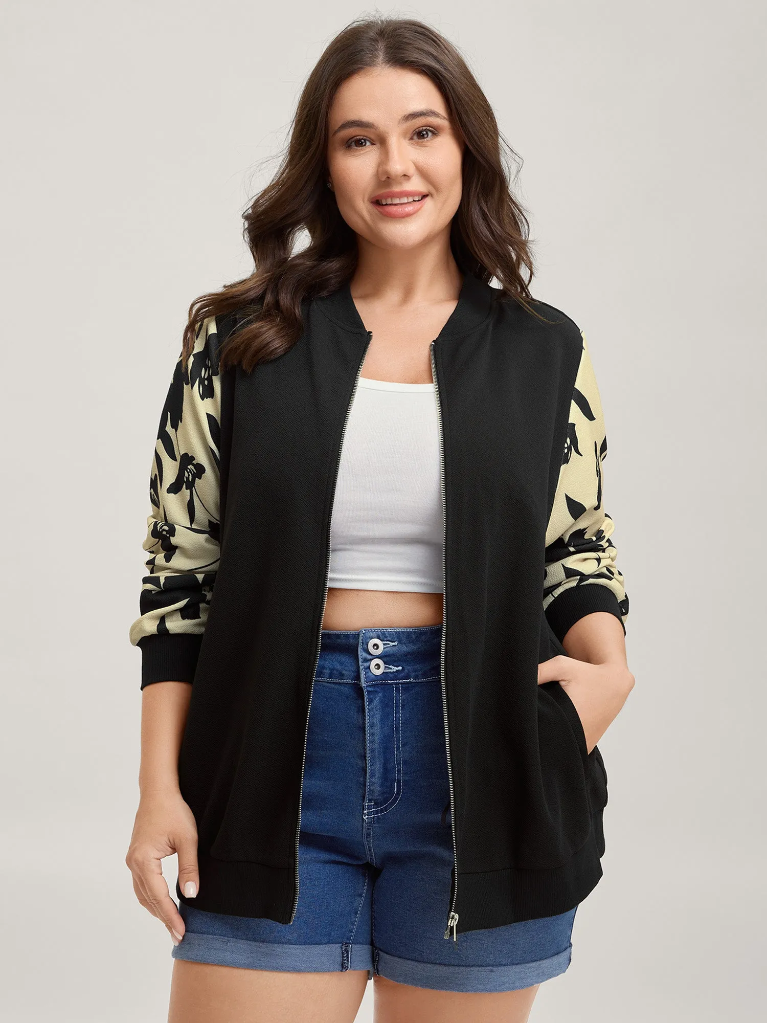 Silhouette Flower Print Zipper-Front Jacket sold by Bloomchic