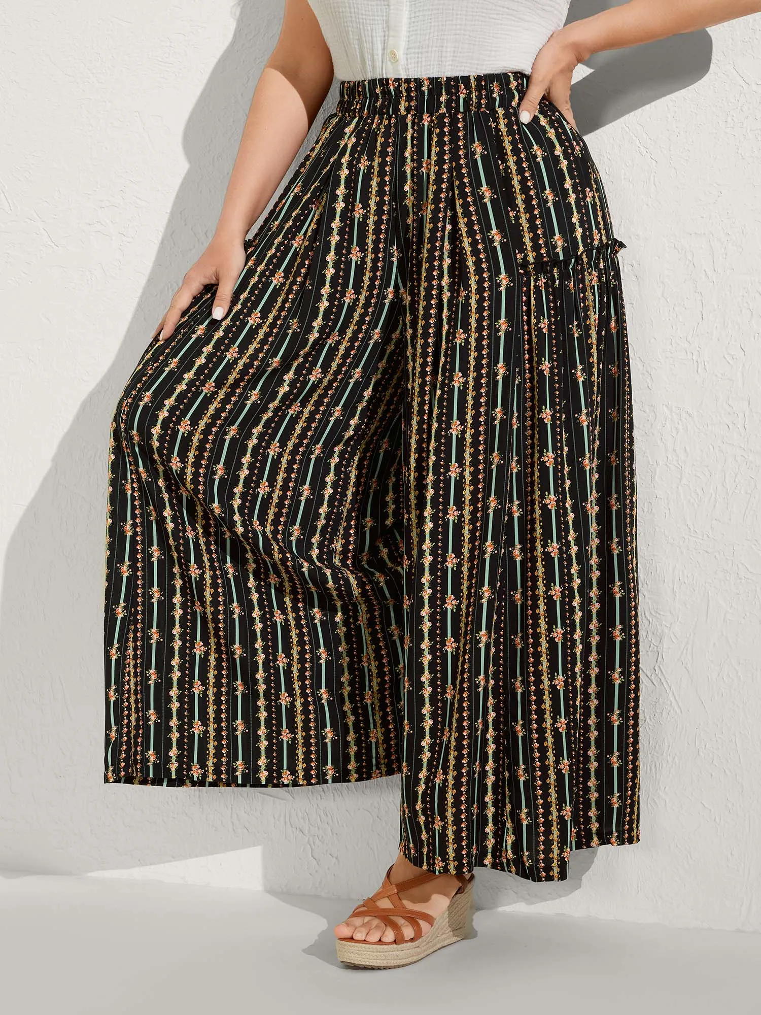 Floral Striped Ruffled Wide-Leg Pants sold by Bloomchic
