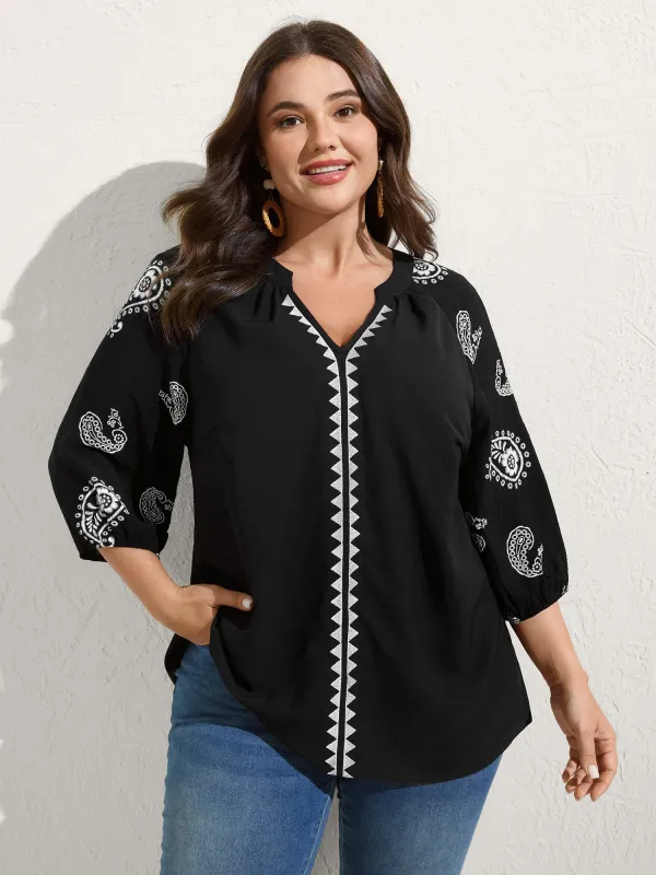 Paisley Embroidered Sleeve Spliced Blouse sold by Bloomchic