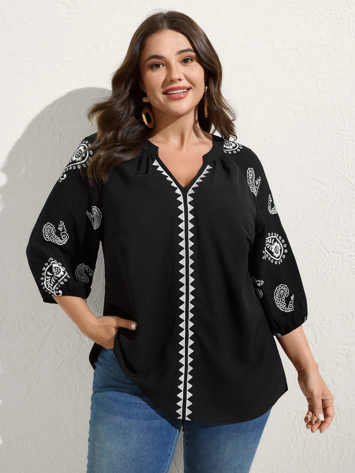 Paisley Embroidered Sleeve Spliced Blouse sold by Bloomchic