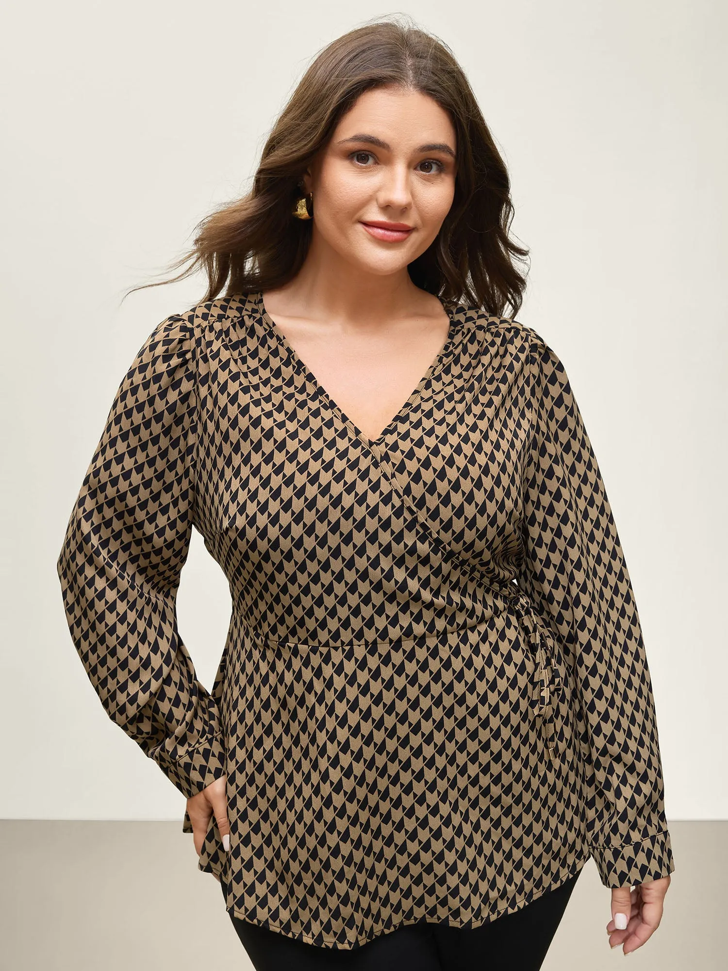 Geometric Print Surplice Waist-Defining Blouse sold by Bloomchic