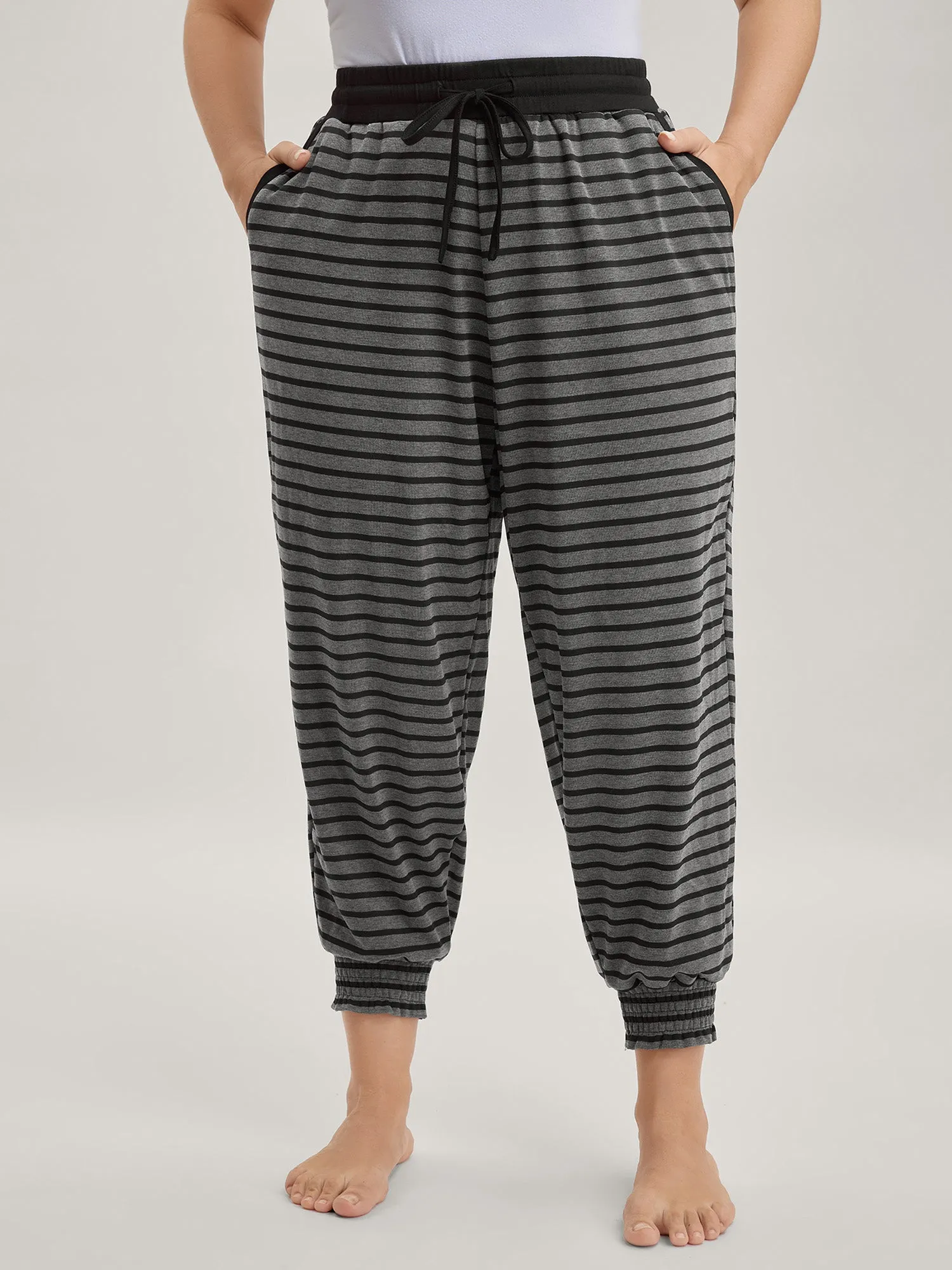 Striped Print Drawstring Shirred Lounge Pants sold by Bloomchic