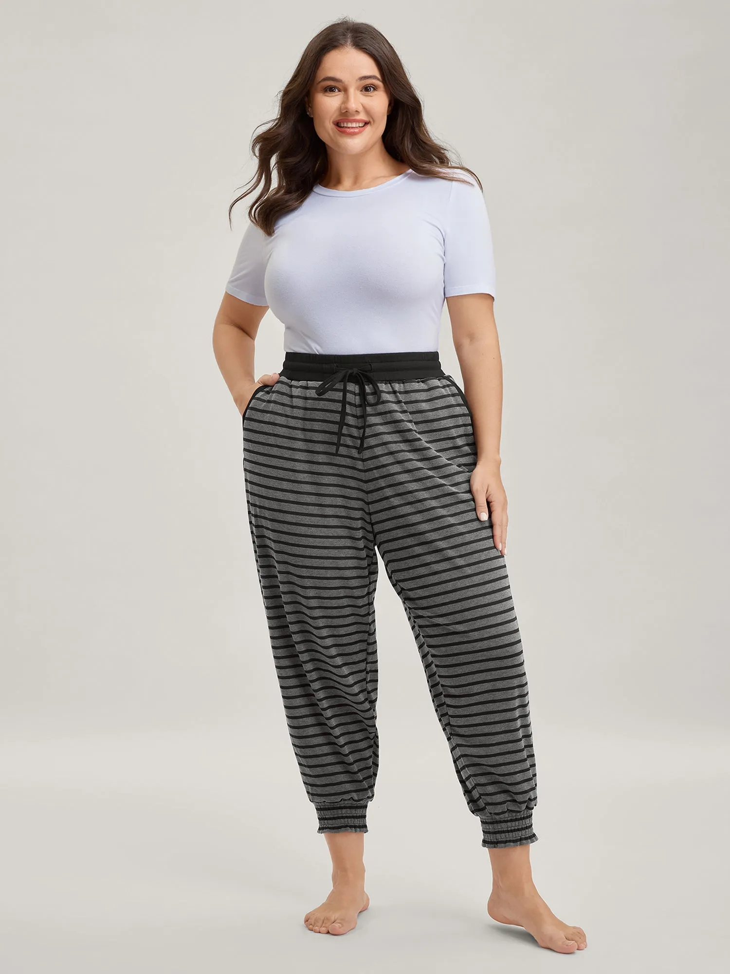Striped Print Drawstring Shirred Lounge Pants sold by Bloomchic product image thumbnail 2