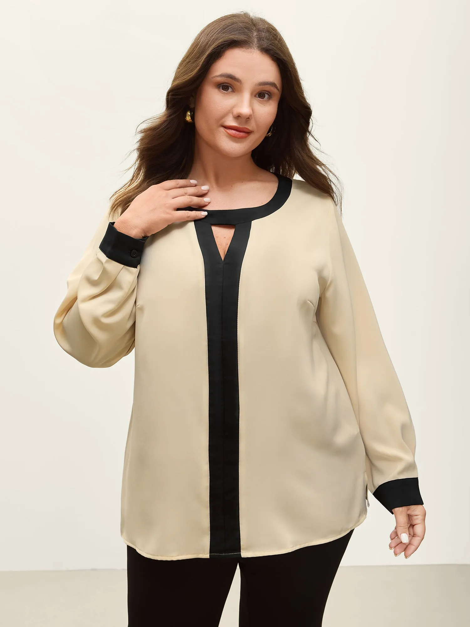 Monochromatic Contrast Neck Cut-Out Blouse sold by Bloomchic