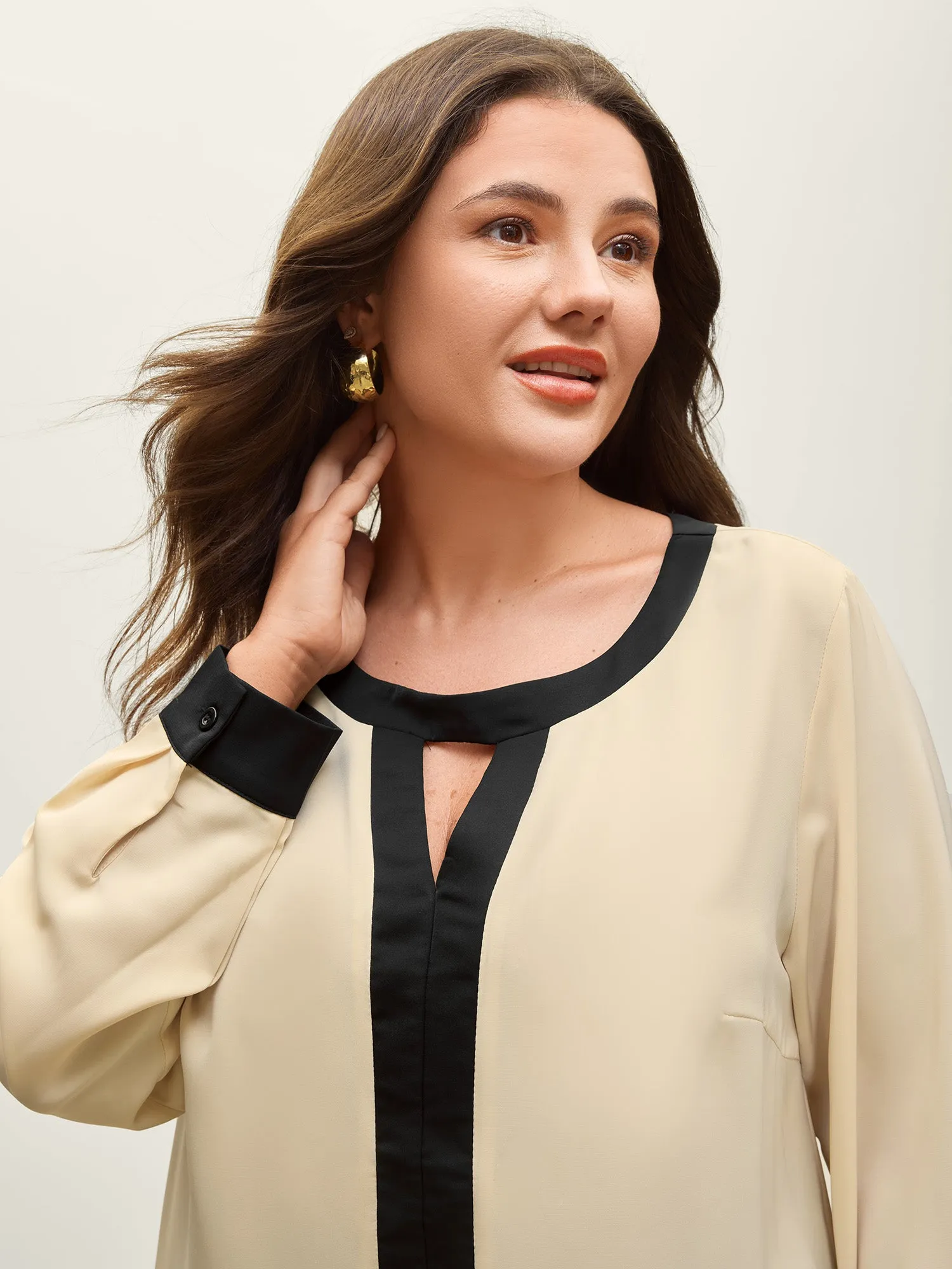 Monochromatic Contrast Neck Cut-Out Blouse sold by Bloomchic product image thumbnail 2