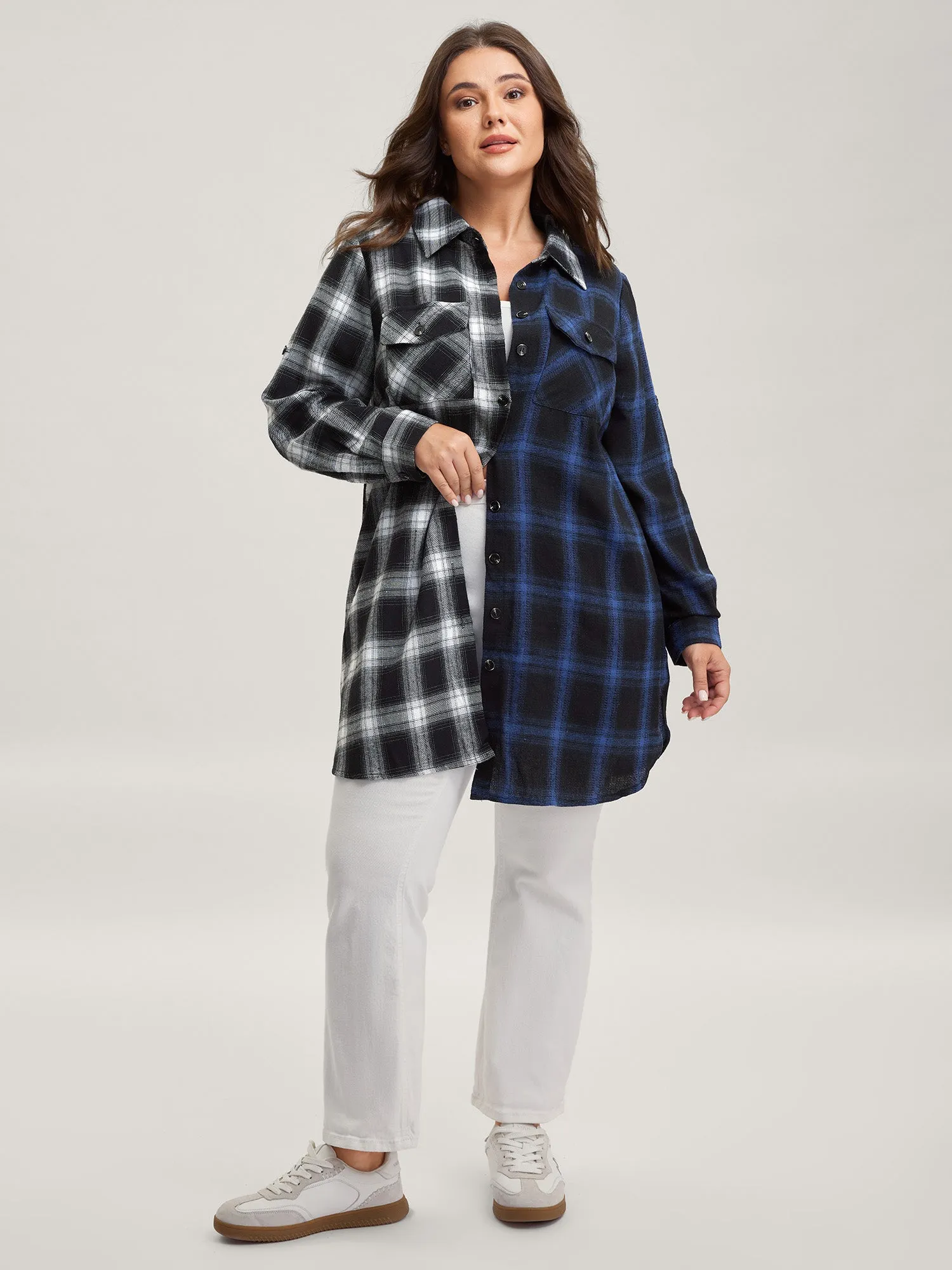 Color Block Checkered Print Button-Down Shirt sold by Bloomchic product image thumbnail 2