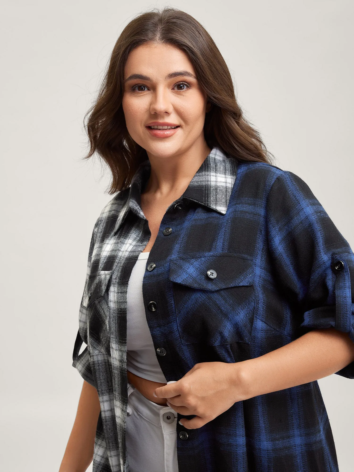 Color Block Checkered Print Button-Down Shirt sold by Bloomchic product image thumbnail 3