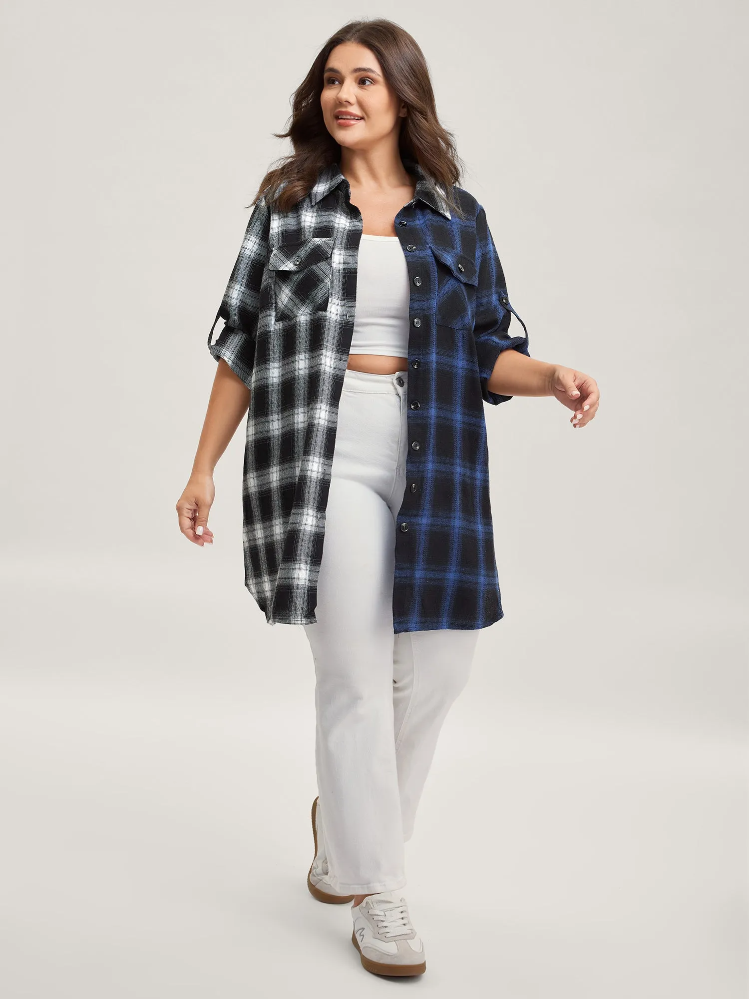 Color Block Checkered Print Button-Down Shirt sold by Bloomchic product image thumbnail 4